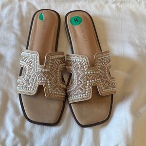 Madden Girl Beige Beaded Slide Sandals